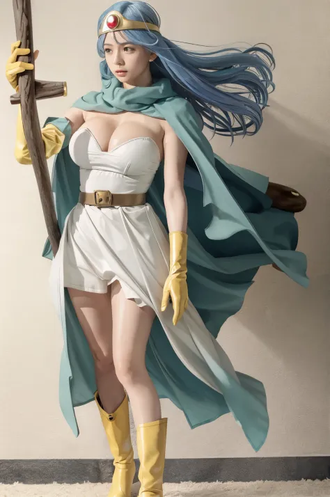 masutepiece, Best Quality, Ultra-detailed, Live-action adaptation, sage_(DQ3), 1girl in, (holding A staff, A staff:1.3), Solo, Long hair, Blue hair, circlet, Red Eyes, Normal udder, yellow gloves, White Dress, Belt bag, Cape, long boots, cleavage, Bare sho...