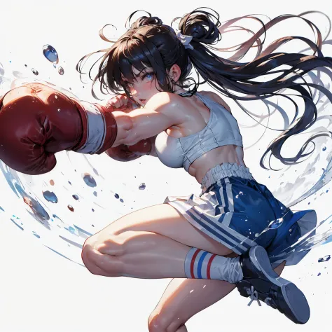 (Best Quality, masutepiece),ultra detailed photographic,1girl in, Female Boxers ,straight punch,Large breasts,At the boxing venue,Detailed beautiful face,Beautiful eyes,detailed hairs,detailed  clothes,Detailed realistic skin,Cool,Dynamic Angle,