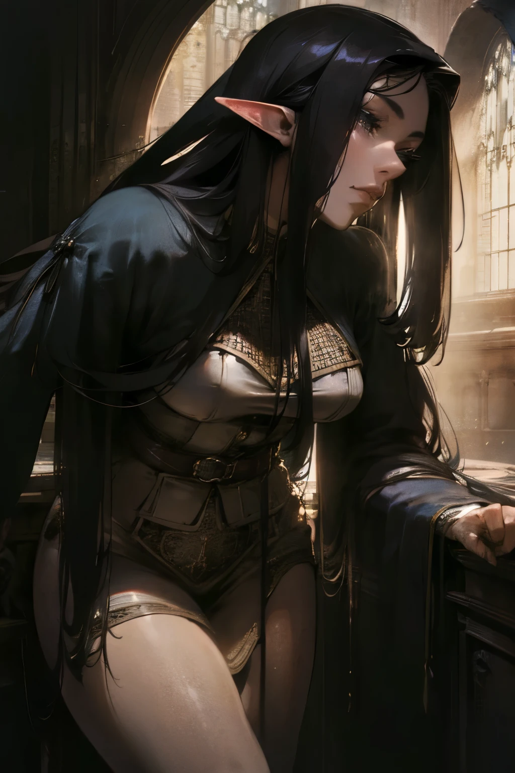 solo, (sophisticated renaissance dress:1.0), ((masterpiece)),((high resolution)),((best quality)), extremely fine and beautiful, super fine illustration, (realistic skin), (insanely detailed anime eyes), vivid and beautiful, shocking sensation, incredibly detailed, beautiful detailed girl, supple breasts, front view, facing at viewer, black hair, (elf), medium long elf ears, (see-through:0.5), covered, ((black hair)), (very long hair), profile, small plump breasts, plump thighs, wide hips, movie lighting, perfect shadow, realistic lighting shaded