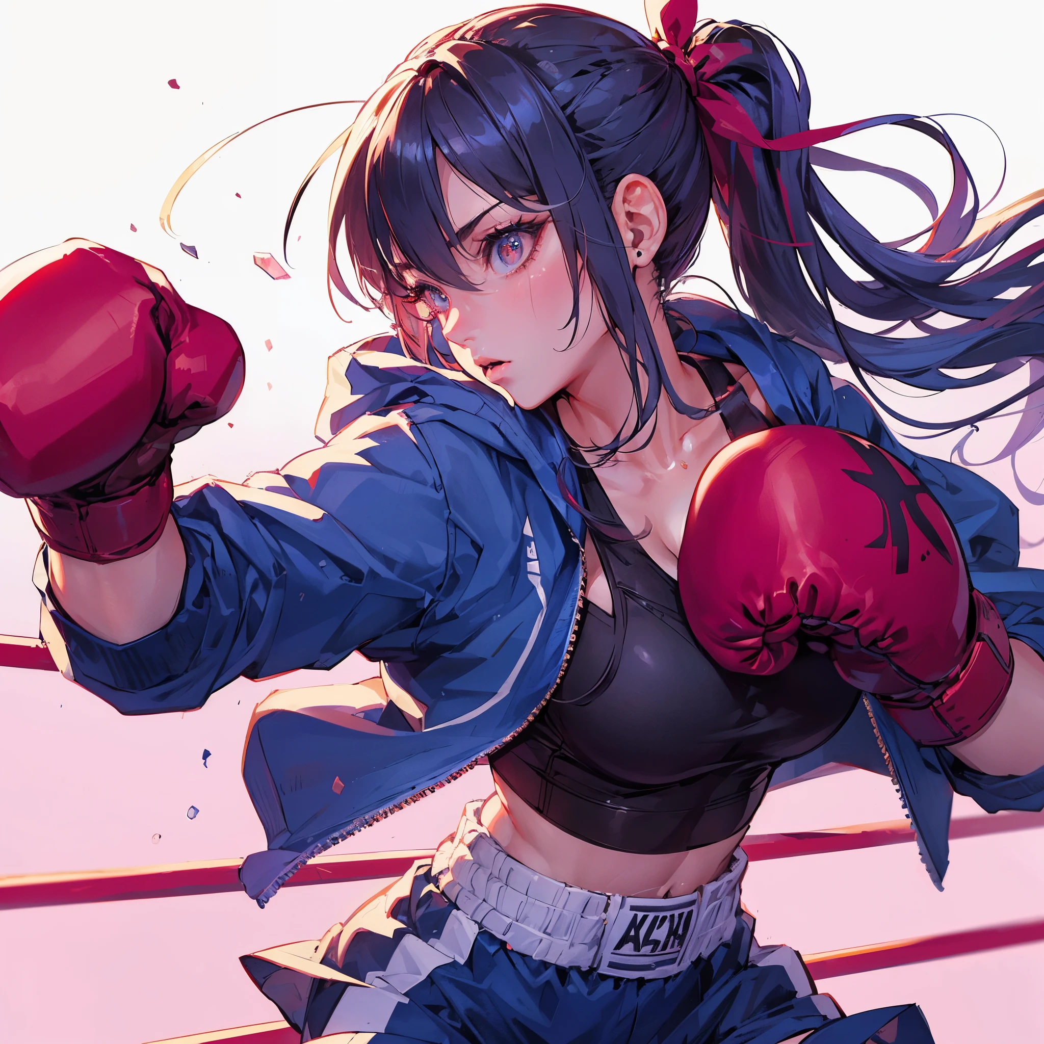 (Best Quality, masutepiece),ultra detailed photographic,1girl in, Female Boxers ,straight punch,Large breasts,At the boxing venue,Detailed beautiful face,Beautiful eyes,detailed hairs,detailed  clothes,Detailed realistic skin,Cool,Dynamic Angle,