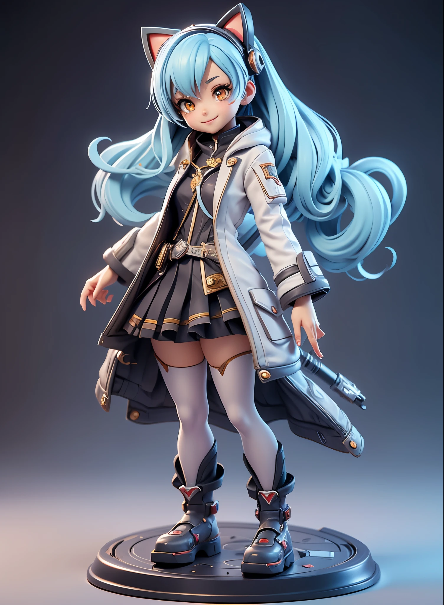 (Dynamic Angle:1.4), ((Full body posing:1.5),Cat Ear Hair Band,Twin-tailed,Light blue long hair,White coat,2. 5 d cgi anime fantasy artwork, Official Character Art, cushart krenz key art feminine, shadowverse character concept, 3 d render official art, anime goddess, jrpg character art, render of a cute 3d anime girl,A sly smile