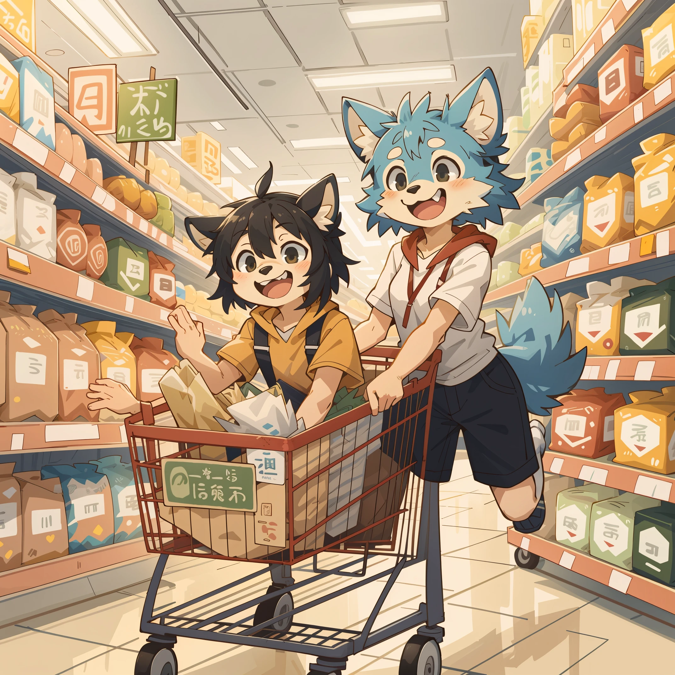 Anime boy and girl in a grocery store with a shopping cart - SeaArt AI