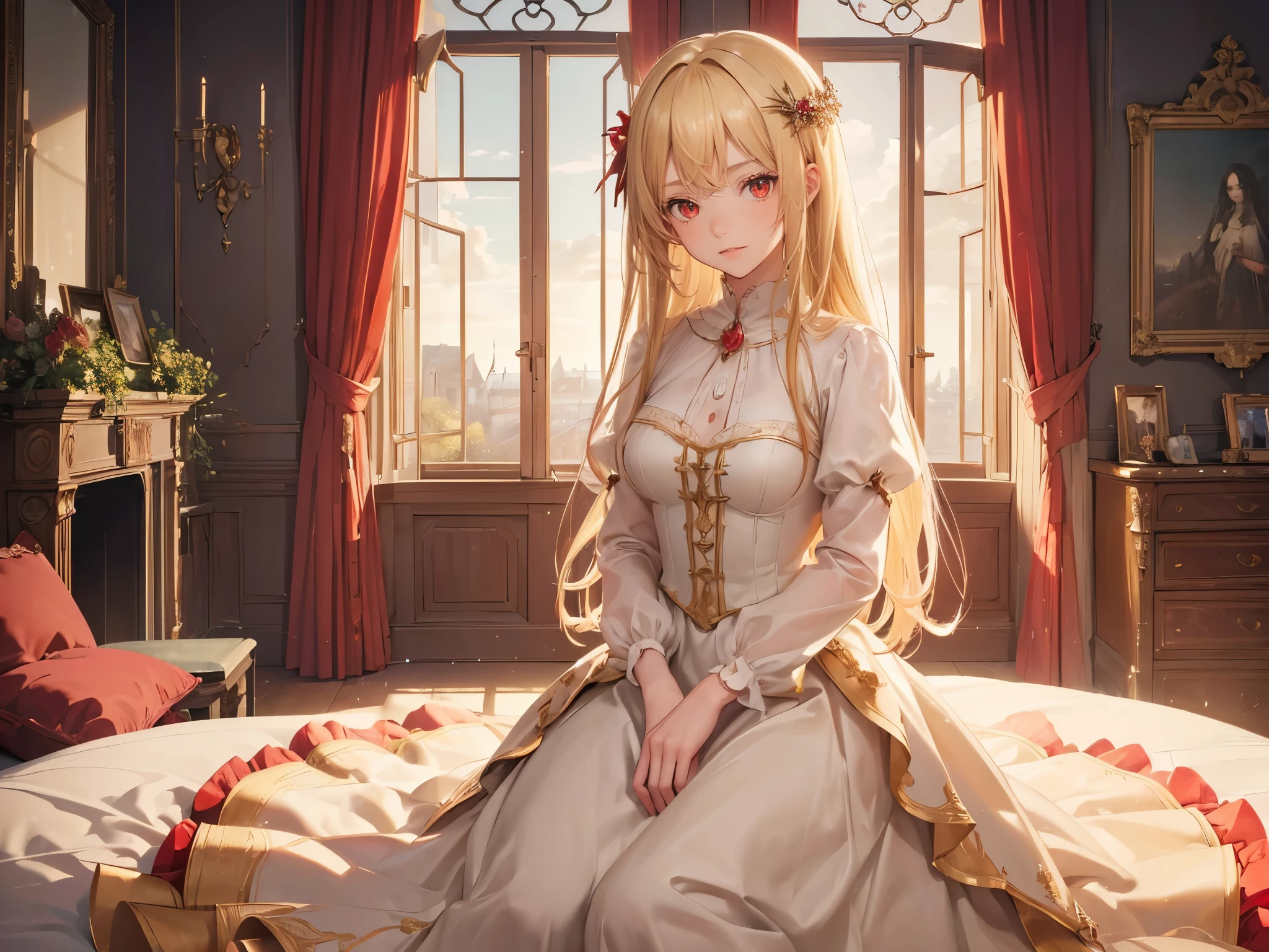 (Masterpiece, Best Quality, High Quality, Highres:1.4), Detailed, girl, solo, long hair, blonde hair, (red eyes:1.5), inside a castle room, girly room, looking at viewer, cowboy shot, Princess gown, nice hands, light particles, near an open window with trees outside