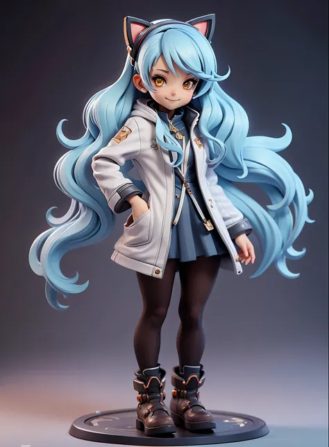 (dynamic angle:1.4), ((full body posing:1.5),cat ear hair band,twin-tailed,light blue long hair,white coat,2. 5 d cgi anime fant...