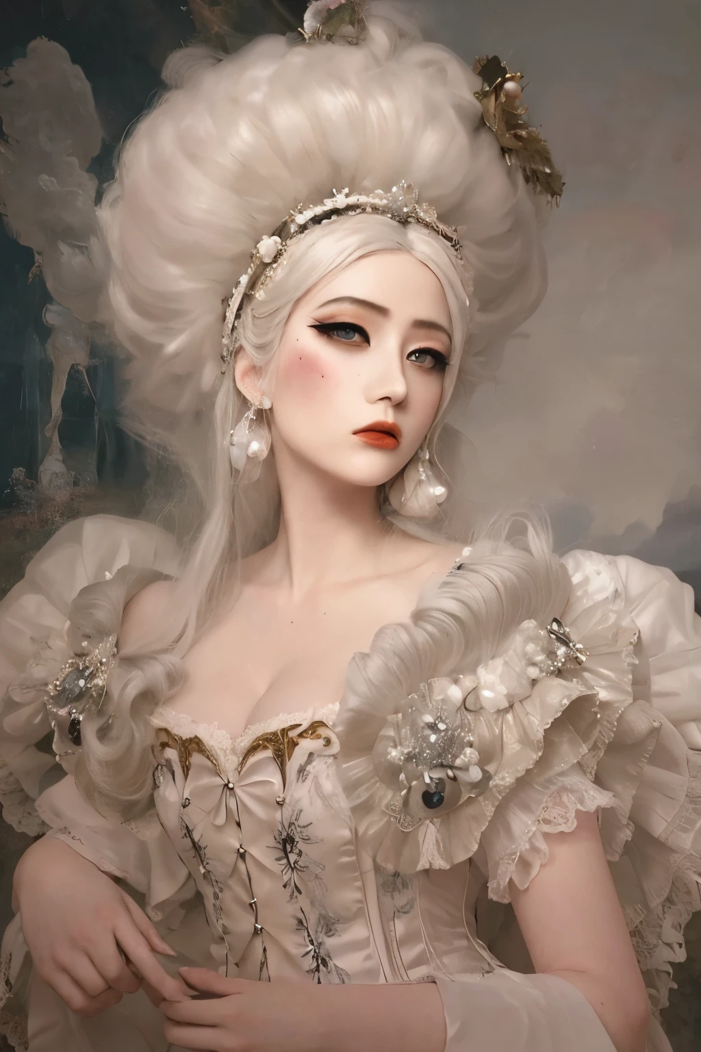 lifeimitatesart
(masterpiece, raw photo, fashion editorial)
a woman, white wig, bouffant, dark shot, rococo, seraphim, dress, pearls, painted backdrop, cloud
faded, film grain, muted colors, photography, epic realistic, (by Franois Boucher), detailed face, soft focus