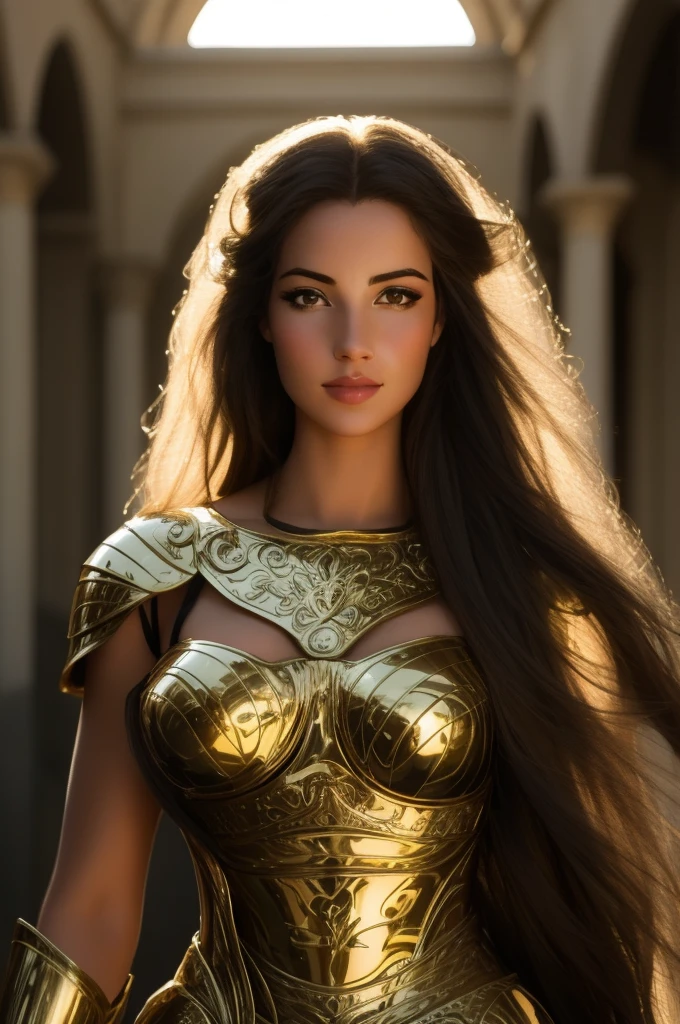 arafed woman in a gold dress with long hair, gorgeous woman, beautiful female knight, gorgeous female paladin, gorgeous beautiful woman, girl in knight armor, of a beautiful female knight, wearing gold armor, cinematic goddess close shot, beautiful goddess, beautiful female warrior, golden goddess athena, wearing golden armor, wearing shiny breastplate, portrait of a beautiful goddess