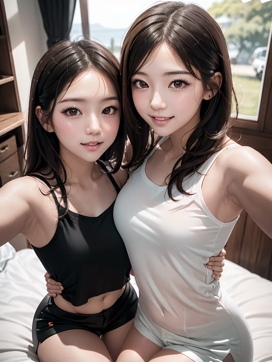 realistic, 2girls, ((selfie)), brown eyes, body close together, looking up, mouth wide open, smiling, face extra large zoom, sitting on bed, sexy, (bare shoulders), (covered nipples), (camisole), (dolphin shorts), (small breasts)