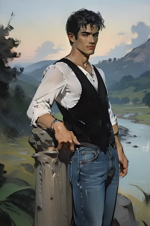 en un museo ,  a masterpiece large painting with a train a river a mountain and red, amarillo, naranja, azul, Blanco, flores , in the artistic style of peter paul rubbens,   delante, es un Un hombre joven esbelto hermoso, latino, guapo, En pie , alto, Camisa, Sin pantalones, descalzo, detailed realistic muscles, The symmetrical body is looking, is looking at the beautiful masterpiece, fotorrealista, ultraeslista., Ultra detallado, ricos detalles intrincados, Altas Resoluciones, 8K resolution, Obra maestra, Perfe