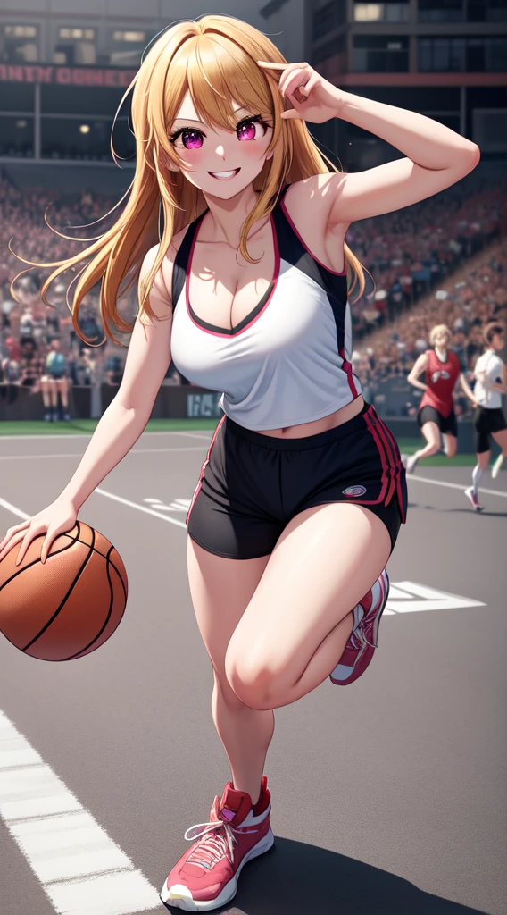 anime, beautiful face, highly detailed face, 2 accurate legs, pink detailed eyes, highly detailed background, perfect lighting, accurate arms, accurate hands, accurate fingers, blonde hair, full body, 1girl, solo, ruby hoshino, oshi no ko, outdoors absurdres, high res, ultrasharp, 8K, masterpiece, looking at the opponent, (full body:1.4), teasing smile, basketball t-shirt, tight sport shorts, playing basket ball against someone, cleavage, on a basketball pitch, running towards viewer, basketball
