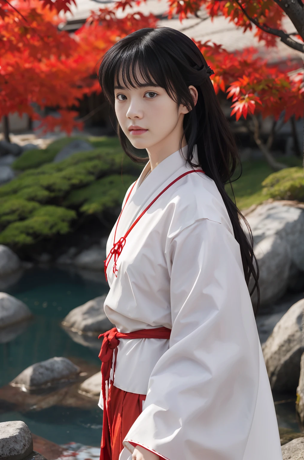 1girl, Kikyo, skinny, sidelocks, blunt_tresses, red_hakama, miko dress,  elegant,traditional japanese clothes, , looking_at_viewer, expressionless, upper_body,