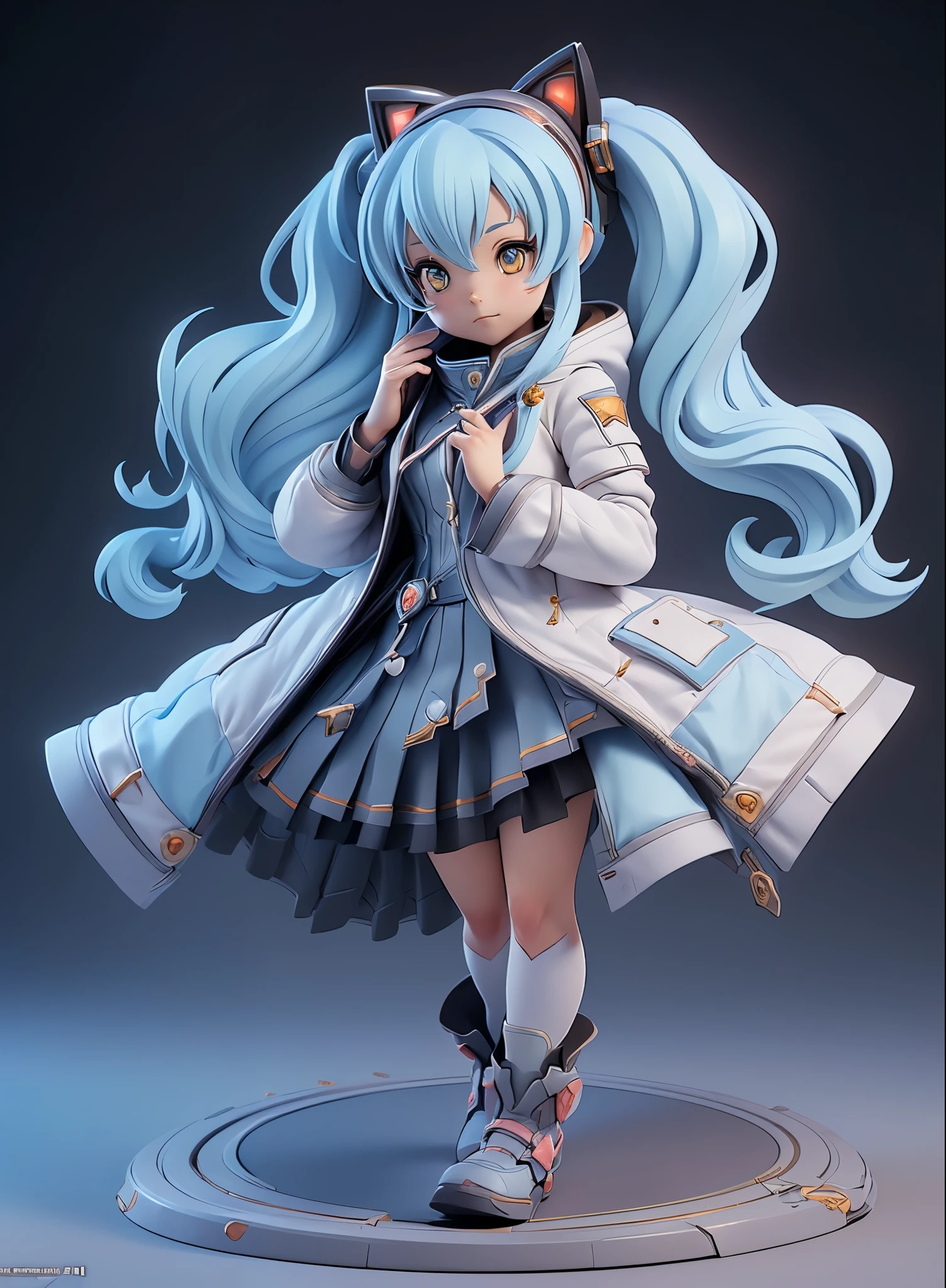 (Dynamic Angle:1.4), ((Full body posing:1.5),Cat Ear Hair Band,Twin-tailed,Light blue long hair,White coat,2. 5 d cgi anime fantasy artwork, Official Character Art, cushart krenz key art feminine, shadowverse character concept, 3 d render official art, anime goddess, jrpg character art, render of a cute 3d anime girl