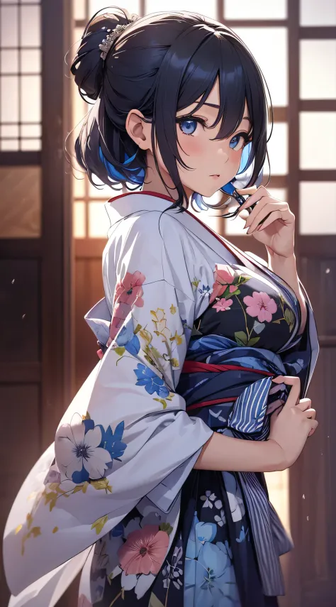 top-quality、Top image quality、​masterpiece、teens girl((18year old、 Ager、Best Bust、Medium bust,wide open breast tea、light blue eyerest, Black and light blue hair、A slender,Large valleys、dye one's cheeks red、Black yukata、pretty pose、Holding a fan、Seduction p...