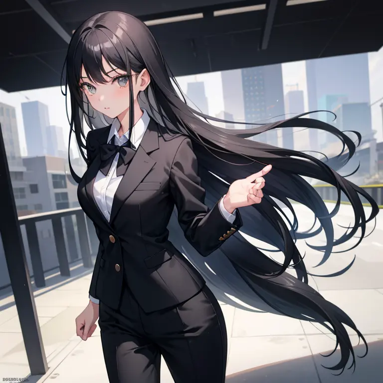 1girl, long black hair, grey eyes, wearing business suit, looking at viewer, 5 fingers, black tie