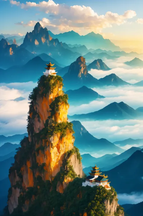 Taoist priest with sea of clouds on top of mountain