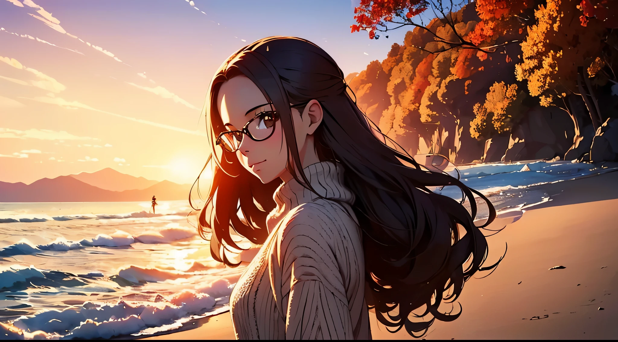 (masterpiece, top quality, best quality, official art, beautiful and aesthetic:1.2), 1 Girl, autumn, glasses, happy, autumn fashion, sweater, warm colors, soft sunlight, walking on the beach, horizon, from behind, from the side, detailed background,