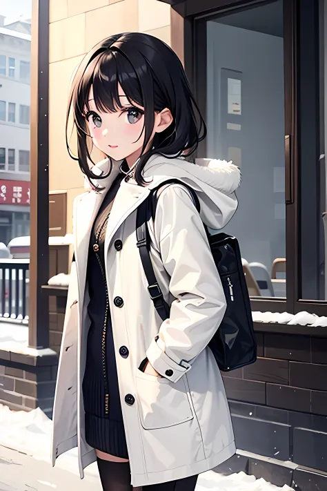 Glossy、a beauty girl、kawaii、Gentle、Charming、Winters、Wearing a coat