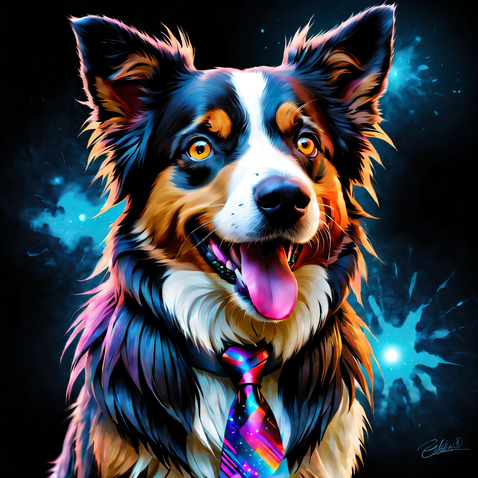 Conception artistique de style steampunk, effets numériques, éclaboussure, Eau, ardent, Lumière de la lampe, paint éclaboussure, effet 3D, arafed Chienchien with a colorful tie dye on its face, digital art Petits animaux photo, Petits animaux portrait, happy eautiful Chienchien head, Border collie, (Grand sourire),portrait of Chienchien, painting of cute Chienchien, portrait en couleur, portrait of a Chienchien, Art numérique en couleur, anthropomorphic Chienchien, Coloré, portrait d&#39;une Lisa Frank, Art Photoshop, pet Petits animaux, sans les humains, Petits animaux focus, Chienchien, Petits animaux, yeux marrons, réel, je regarde le spectateur, avec la bouche ouverte, avec fond noir, Les étoiles (ciel ciel), seul, Repose-langue, (Artiste Ulise Aldrovandi (Ulise Aldrovandi):1.3),(Art cyberpunk d&#39;un:1.3) . curio, mécanique, tons laiton et cuivre, roue dentée, complexe, détaillé