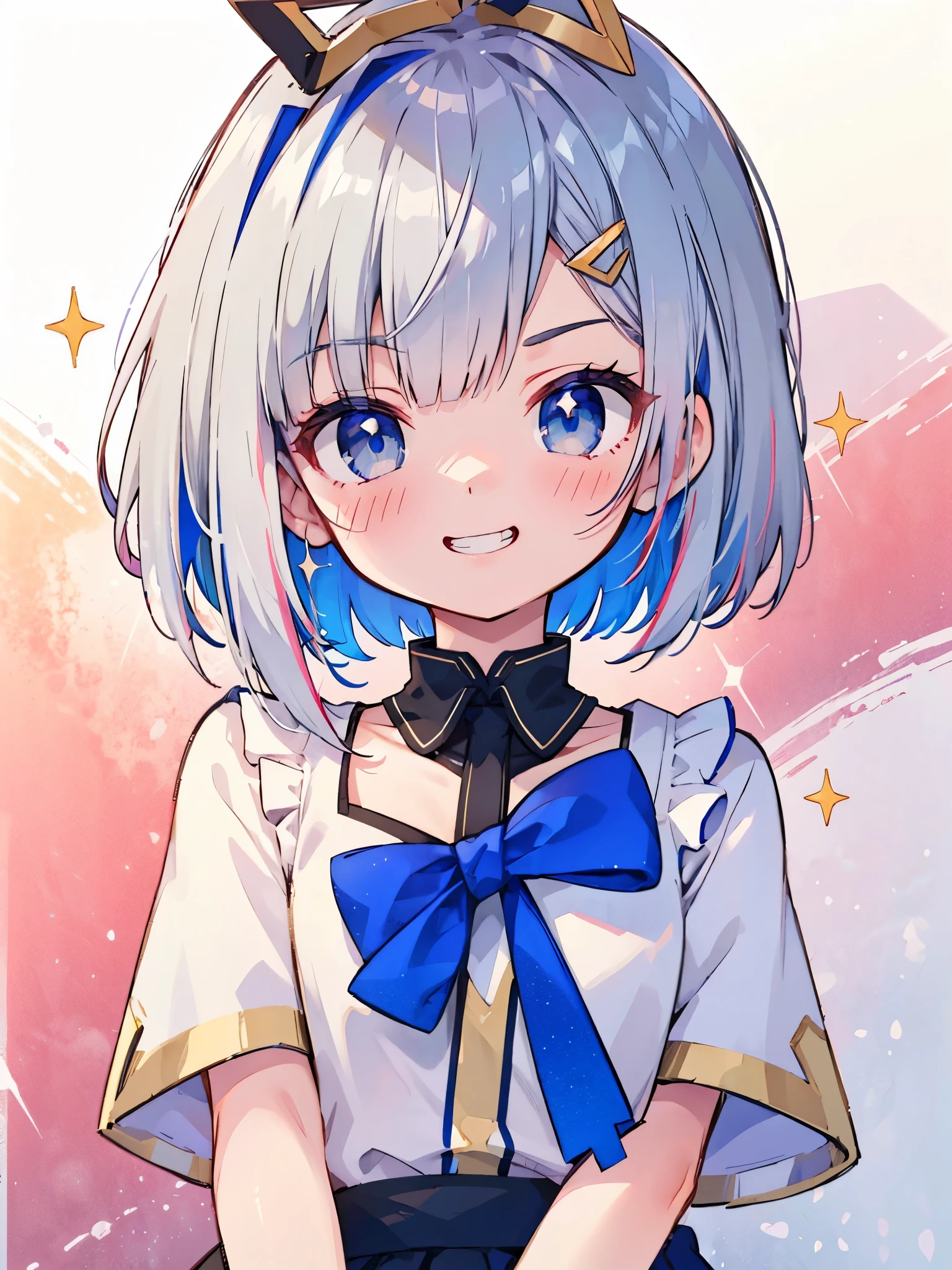 Silver short hair, star on head, blue eyes, beautiful,  upper body, ((smug face)), blush, detailed eyes, sparkle eyes, grin