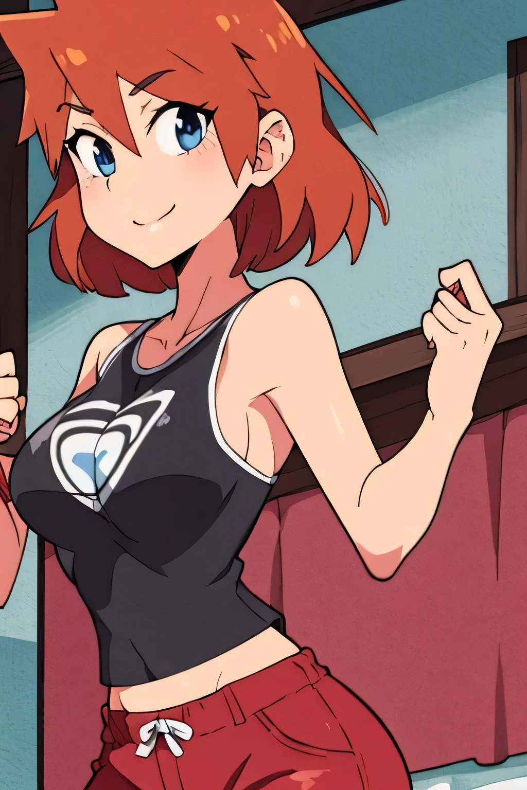 Orange hair, Blue eyes, Short hair, Looking at Viewer, Upper body, Standing, Short shorts, Red shorts, Black shirt, Midriff, T-shirt, Smile, 牙, masutepiece, Best Quality