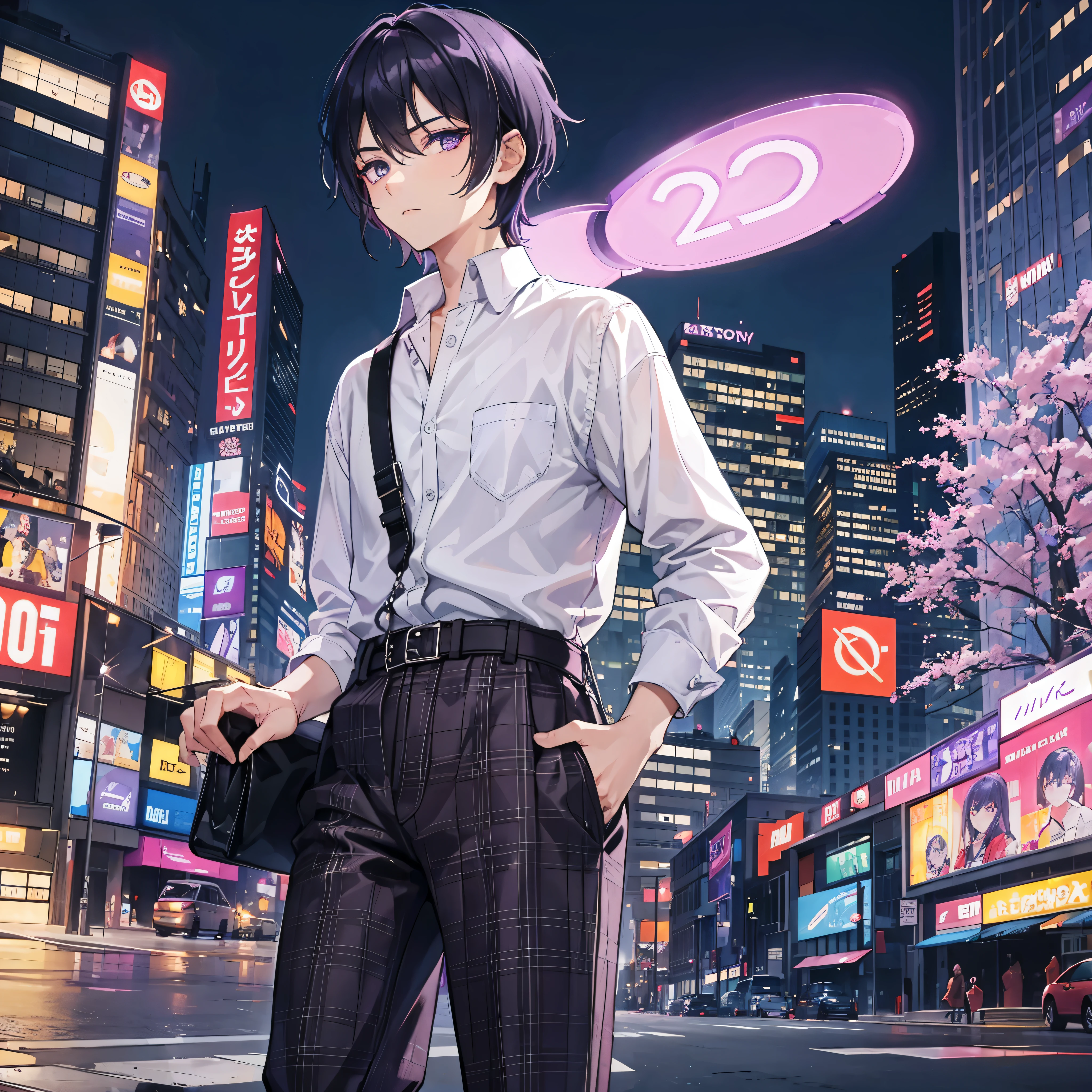 1boy, 2 tone purple and black hair, purple eyes, wearing black plaid flannel, denim pants, city, absurdres, high res, ultrasharp, 8K, masterpiece, looking at viewer