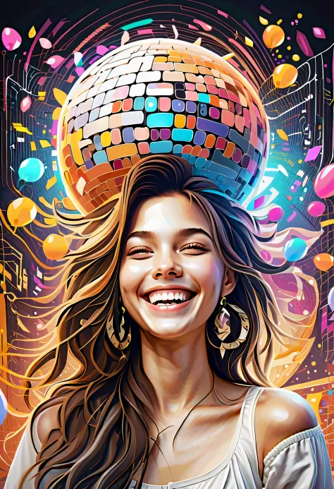 Cute girl head, (((Laughing smile:1.1))), Digital element doodle background, Baroque background, Dynamic Angle, (((With digital ...