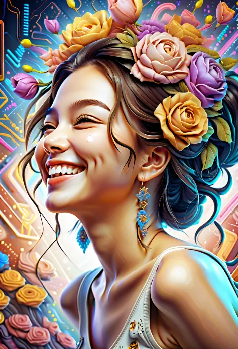 Cute girl head, (((Laughing smile:1.1))), Digital element doodle background, Baroque background, Dynamic Angle, (((With digital ...