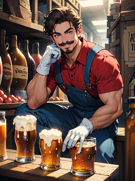 (masterpiece), (bestquality), supermario, blue overalls, red shirt, red cap, smiling, mature man, (white gloves:1.1), disco in t...