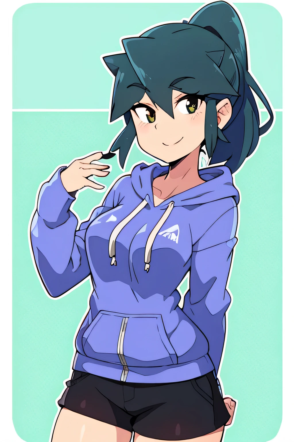 Blue hair, Yellow eyes, Long hair, Standing, Upper body, Hood down, Purple Hoodie, Ponytail, Short pants, thighs thighs thighs thighs, Smile, clavicle, Looking at Viewer, masutepiece, Best Quality,