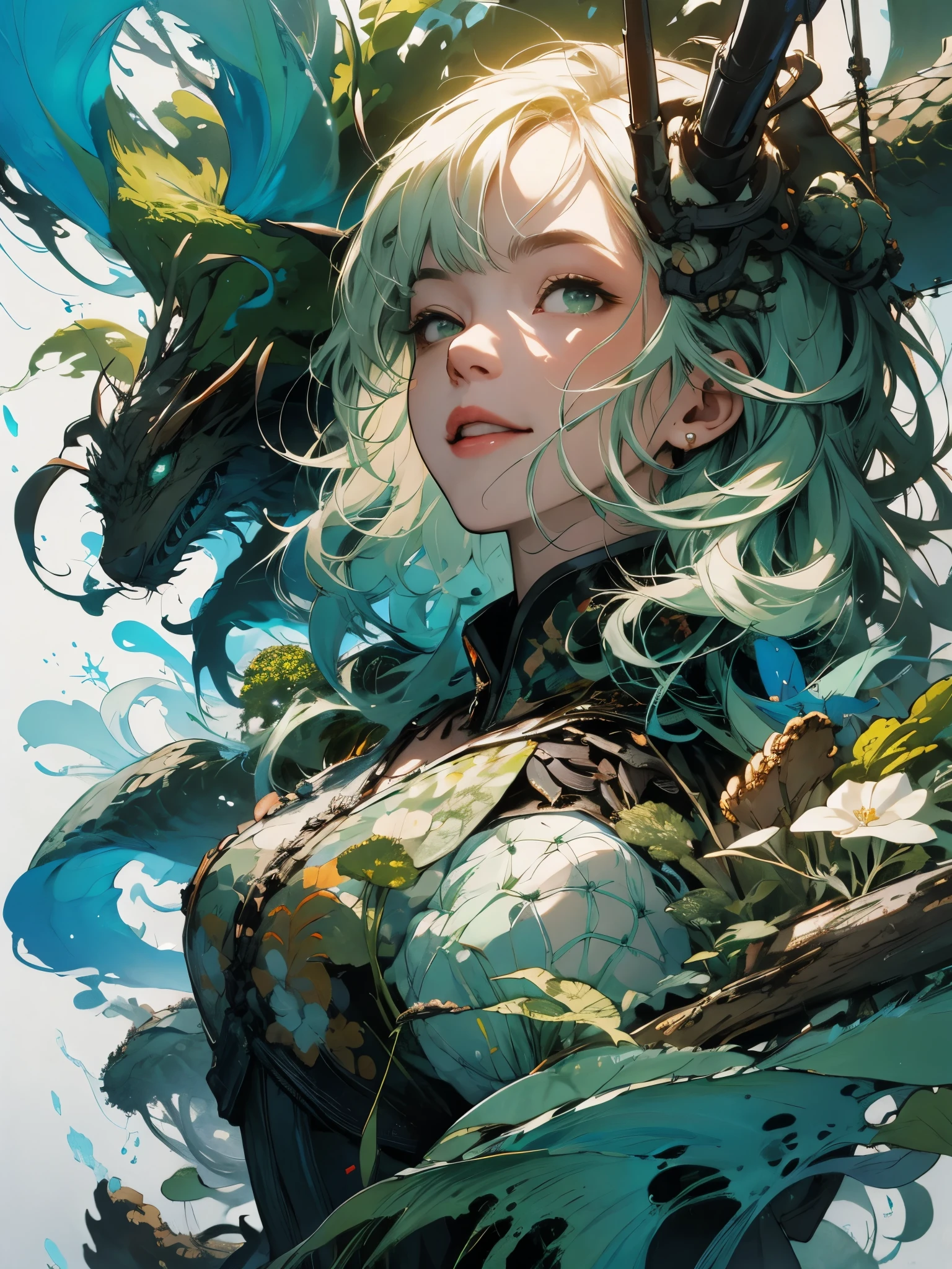 Happy girl, at centre, looking at the camera in, nearing perfection, dynamic, (blues and ((forest green 1.5)))), The is very detailed, digitial painting, art  stations, concept-art, smooth private parts, Focus sharp, illustratio, Artwork by Carne Griffiths and Wadim Kashin, 详细的脸, 4K