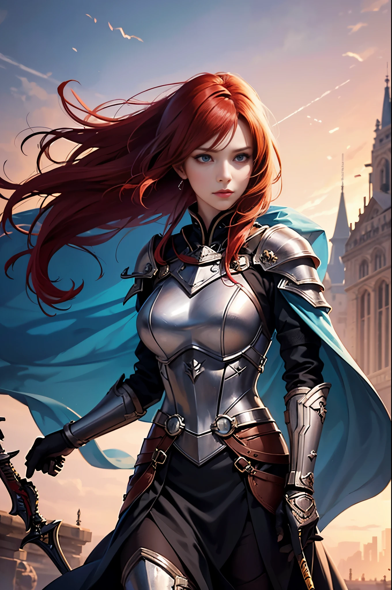Red-haired arafed woman in black and red costume with sword, a character portrait by Yang J, cg society contest winner, Fantasy Art, redhead queen in heavy red armor, epic exquisite character art, Stunning character art, 2. 5 d cgi anime Fantasy Artwork, alice x. zhang, Gorgeous Female Paladin, epic fantasy digital art style, beautiful female knight, eventide, Battlefield Commander,A woman in her 30s who boasts unparalleled beauty, Invincible female general, brave, Awe-inspiring Hall々, Perfect good looks, Very detailed and beautiful blue eyes, perfect supermodel body, Slender body, Cloak wrapped in the wind, Battle Master, Veteran Warrior, incarnation of athena, Best Quality, Perfect Angle, perfect-composition, Best Shots, Official art, ciinematic light, very beautiful and fantastic scenery, chivalry dream, female solo