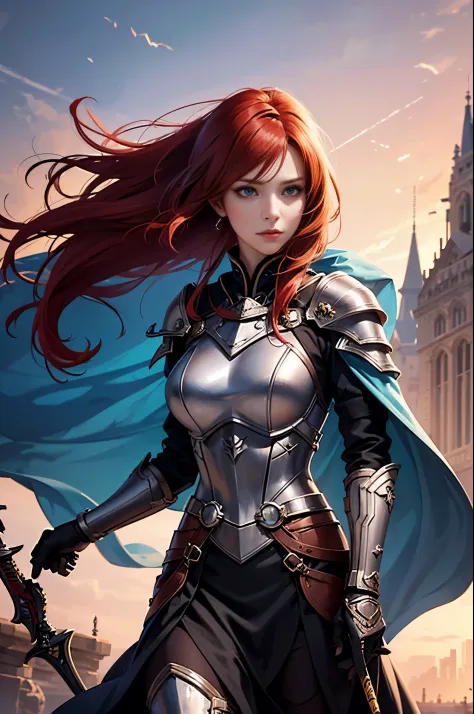 Red-haired arafed woman in black and red costume with sword, a character portrait by Yang J, cg society contest winner, Fantasy ...