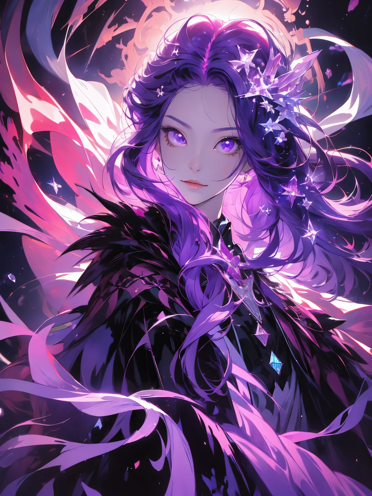 (((tmasterpiece))), Best quality at best, illustratio, 4k wallpaper, light, absurd res, Portrait of 1girl, long whitr hair, purple crystal hair, glowing hairs, bloom hair, Costume princess, looking to the front