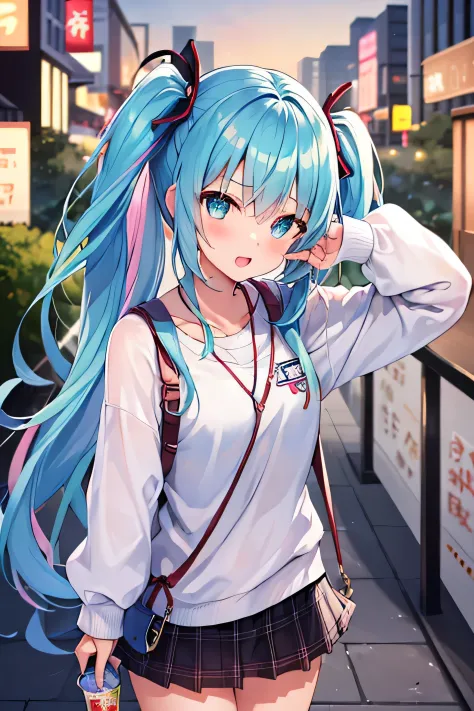 ​masterpiece、Top image quality、超A high resolution、miku hatsune、blue hairs、Twin-tailed、Blushing、mock、Open your mouth just a little、dressed casually、casual miniskirt、Skyscraper、Japan、Night time