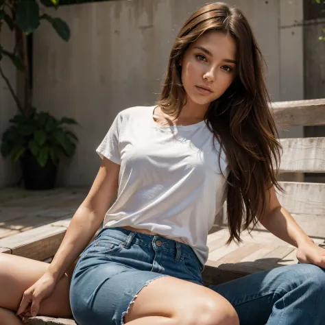 A fashion model with long brown hair posing for a close-up shot in ultra-detailed, high-resolution, hyper-realistic style, full body, perfect body. The image is of the best quality, with 8k resolution and vivid colors. The model is wearing a red t-shirt an...