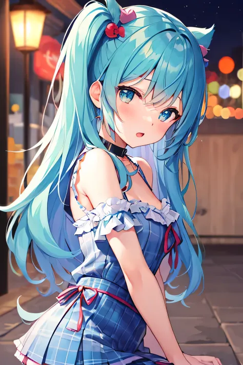 ​masterpiece、Top image quality、超A high resolution、miku hatsune、blue hairs、Twin-tailed、Blushing、mock、Open your mouth just a little、dressed casually、casual miniskirt、Skyscraper、Japan、Night time