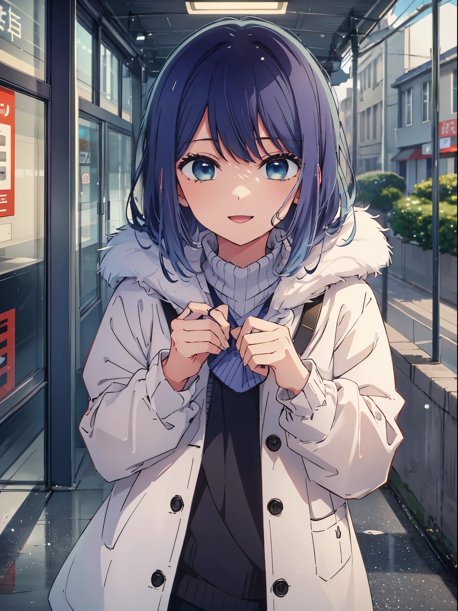 beautiful  lighting, 1girl in, 独奏, Akane, (((anime styled)))、(((2D)))、A smile、Open your mouth、(((Winter clothes)))、Plain clothe、takeout