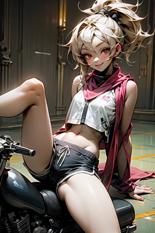 there is a naked anime female wearing a black undershirt sitting upon the motorcycle, 1girl, solo, navel, shorts, thighs, breasts, black shorts, long hair, blonde hair, bare shoulders, midriff, crop top, bare arms, stomach, sleeveless, short shorts, dolphin shorts, smile, ponytail, looking at viewer, shirt, spread legs, sitting, brown eyes, sleeveless shirt, white shirt