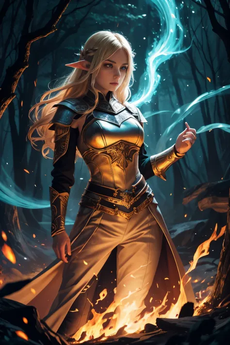 illustration of an elf warrior of ethereal beauty, flowing medium blonde hair and turquoise eyes. She is surrounded by fire, sending calls through her hands. she is bathed in light, eyes highlighted, arms of fire floating in the wind, particle lights. She ...