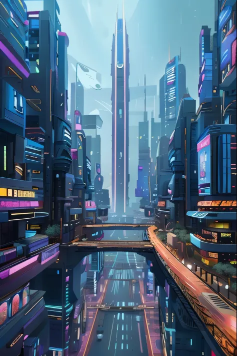 the city of the future with a bridge and a car driving down the street, in a future cyberpunk city, the city of the future stree...