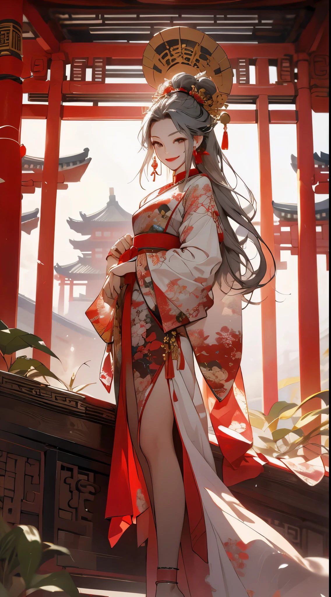 Best quality, tmasterpiece, A high resolution, 1 girl, ancient Chinese pink a skirt, Nice face, ancient Chinese costume, Bow tie no original picture, Elegant, noble, diadems, lean legs, faeries, hair adornments, Alone, looking at viewert, Smiling, shut up, Open lips, a skirt,high-heels， hair adornments, choker necklace, jewely, Long gray hair, ear nipple ring, architecture, east asian architecture