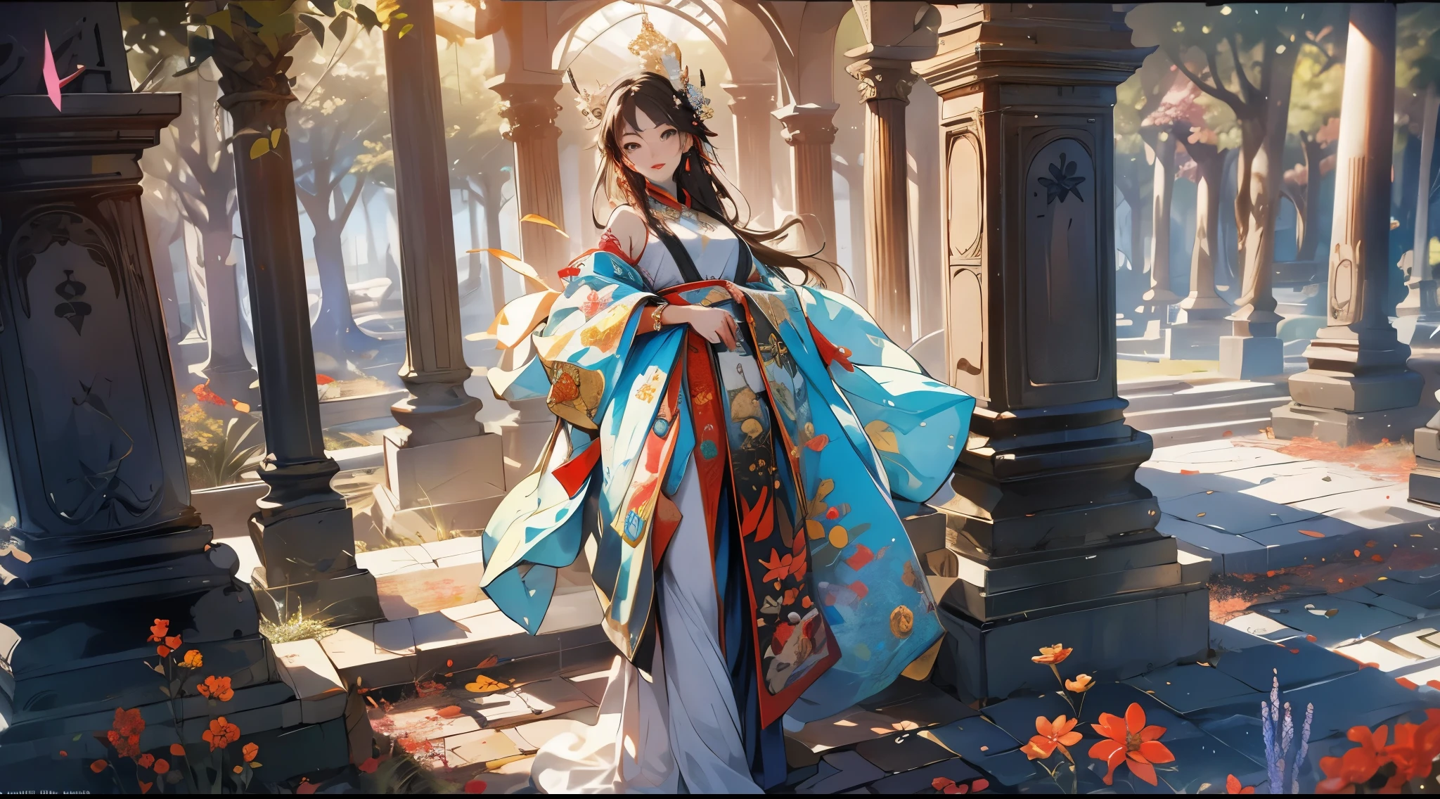 Anime girl in a kimono dress standing in a garden - SeaArt AI