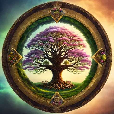 fantasy world , Yggdrasill tree in the center in the middle of a circle divided into two cycles , arte conceptual del equinoccio , ritual del equinoccio de primavera , magical scene , centered design on isolated background