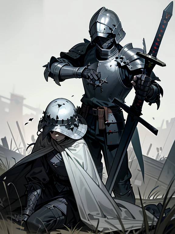(темное искусство), (Безнадежное искусство), темное аниме средневековый солдат, сломанный солдат, дырявый шлем, черные раны, crпепелed armor, закрытая одежда, сломанный меч, меч сломан пополам, пепел, заброшенное поле боя, очень детальное искусство