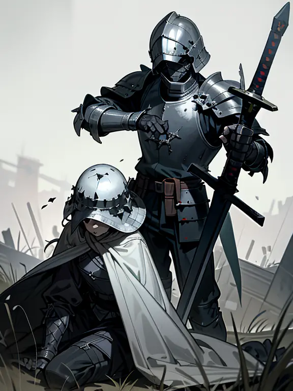 (Dark art), (hopeless art), dark anime medieval soldier, broken soldier, holey helmet, black wounds, crashed armor, closed cloth...