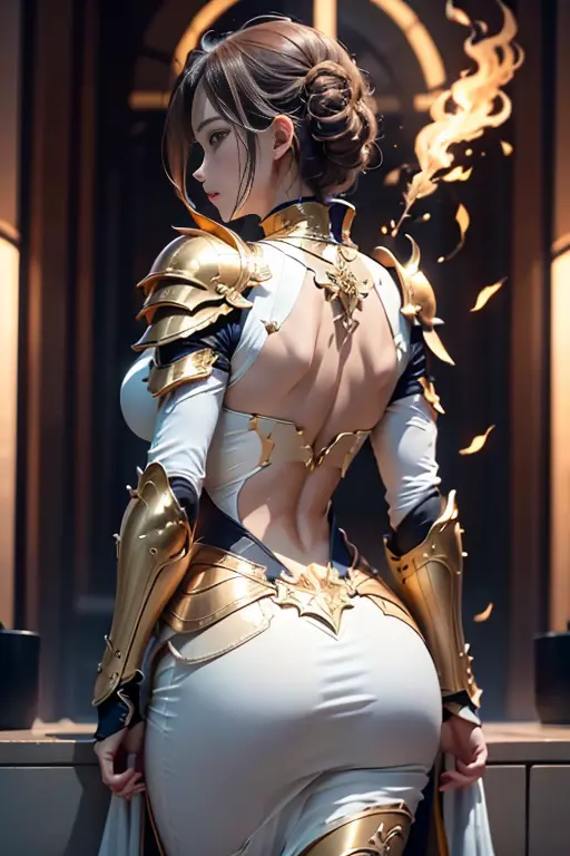 Holy, golden armour, 4K images, puller, Best quality at best, tmasterpiece, 电影灯光，from back