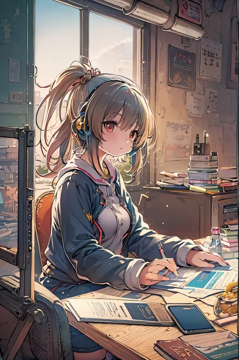 Anime girl sitting at desk with headphones when writing, Anime style 4 k, digital anime illustration, digital anime art, Anime s...