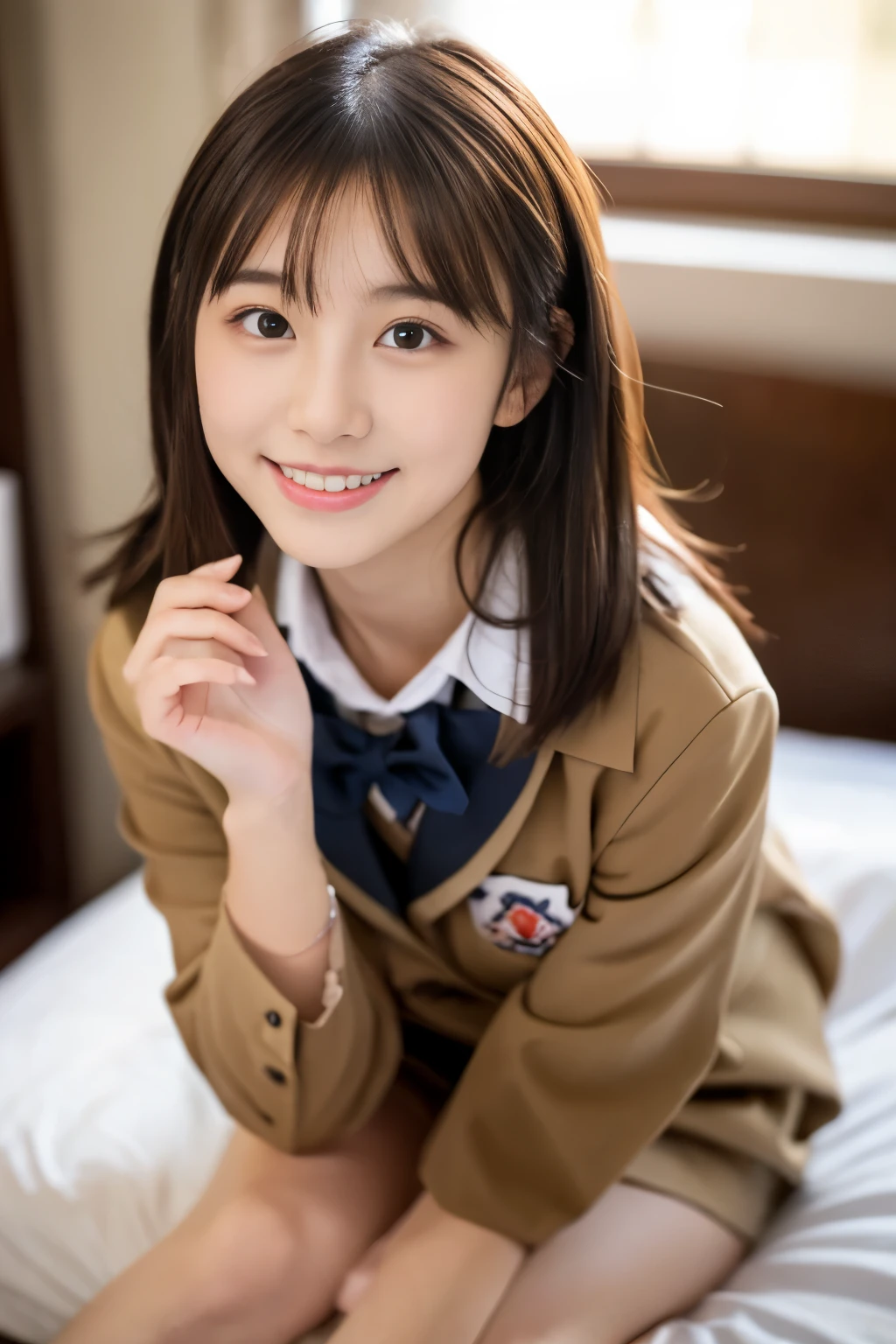 (((​masterpiece))),  (One beautiful Japan girl, classmates, Innocence，kawaii) ，超A high resolution, Realistic, Ultra-detail, 8K,top-quality, Extremely detailed, Detailed background,A slender,very beautiful japanese girl, Detailed face:1.3), (a short bob，A darK-haired :1.4), (a baby face，Kawaii type,adorable 14 year old girl), (Perfect body:1.1),  (Brown blazer, Light brown pleated mini skirt), smiling mischievously,Please show me your beautiful teeth,Super Detailed Face、Detailed lips、A detailed eye、 gravure idol，Transparent skin、，Japanese high  with the school emblem on the chest，high-definition RAW color photography, professional photograpy, Extremely detailed,, amazing, finely detail, extremely detailed fingers, highly detailed nose, highly detail mouth,  (bed), ((Full body shot)), Sitting on the bed，Focus on the buttocks，Perfect Anatomy, Photorealsitic,Photography, Perfect Skin, Warm air，(beautiful thigh，Perfect feet with no discomfort)，Expectations and anxieties，sitting in the gym holding my legs，sexy  pose,Gorgeous hotel rooms，light