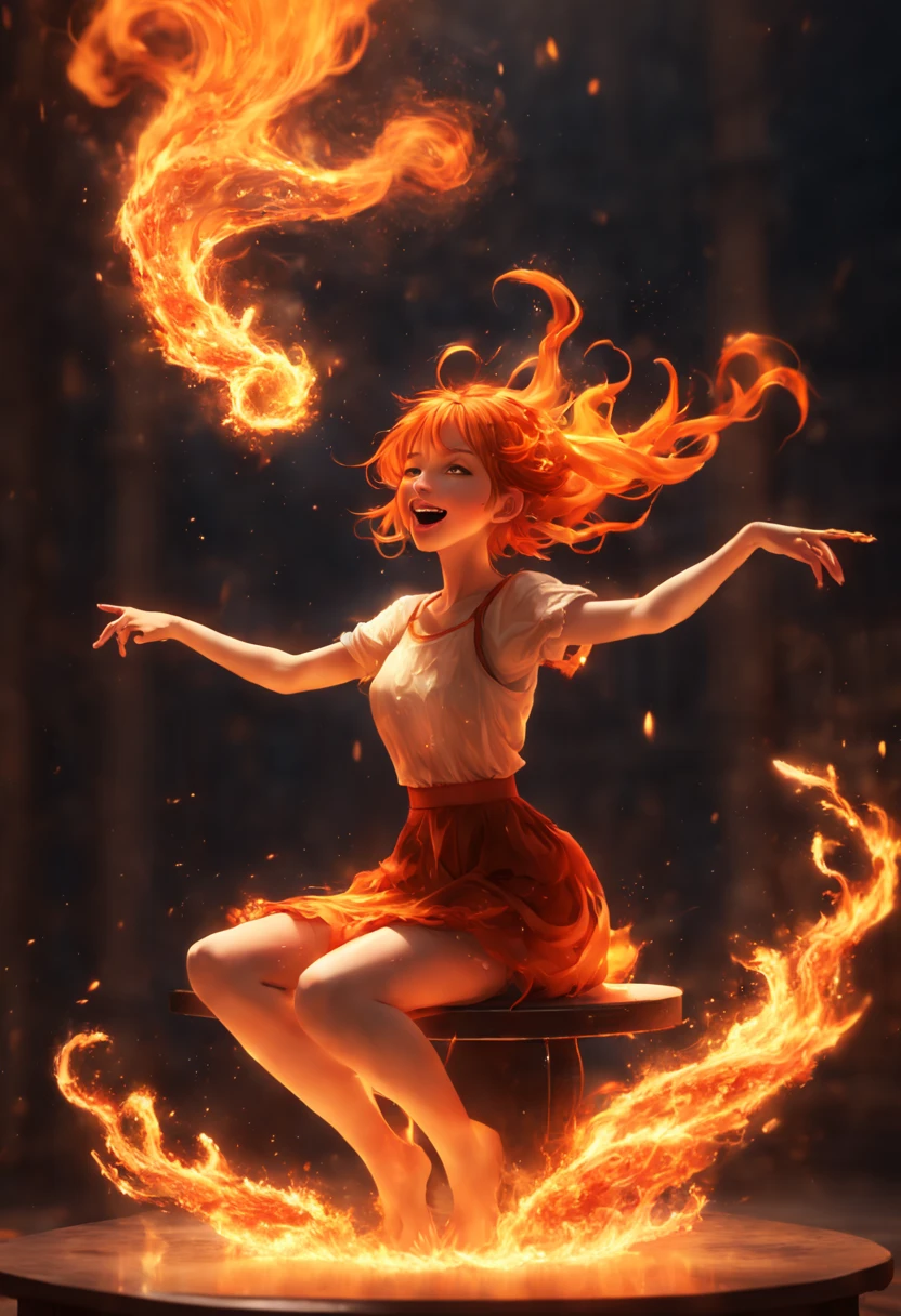 Step into a captivating scene featuring an Laughing girl seated on a floating platform, as vibrant fire particles ignite the air around her, creating a dazzling and dynamic atmosphere. The creative lighting style bathes her in a radiant, fiery glow, harmonizing with the swirling fire particles. fire effects, particle simulation, and post-processing techniques. Drawing inspiration from the styles of Anime, Mystical Realism, and Contemporary Surrealism, it captures the fiery and ethereal beauty of an anime girl amidst the dancing flames, where fire particles elevate the sense of magic and wonder, intricate, (best quality, masterpiece, Representative work, official art, Professional, unity 8k wallpaper:1.3)