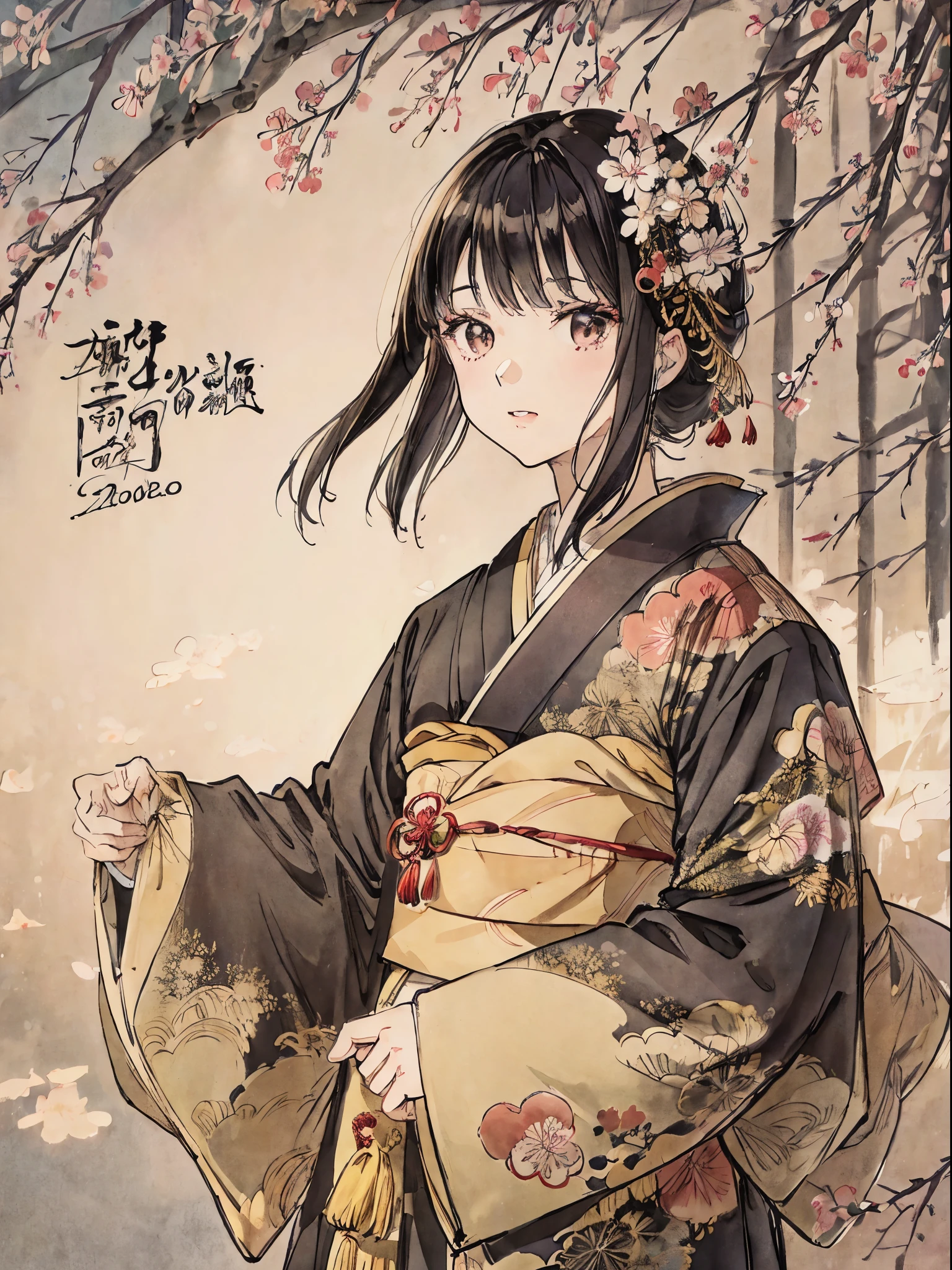 kimono、A dark-haired、Okappa、moderno、Estilo japones、Año Nuevo’s Day、Año Nuevo