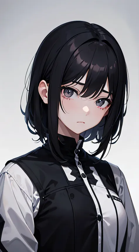 (best quality, masterpiece), 1girl, white eyes, emotionless, indifferent, short black and white hair, dark mood, upper body, super detail, high quality, best quality, 1080P, HD, ((masterpiece)), best quality, 8K, HDR